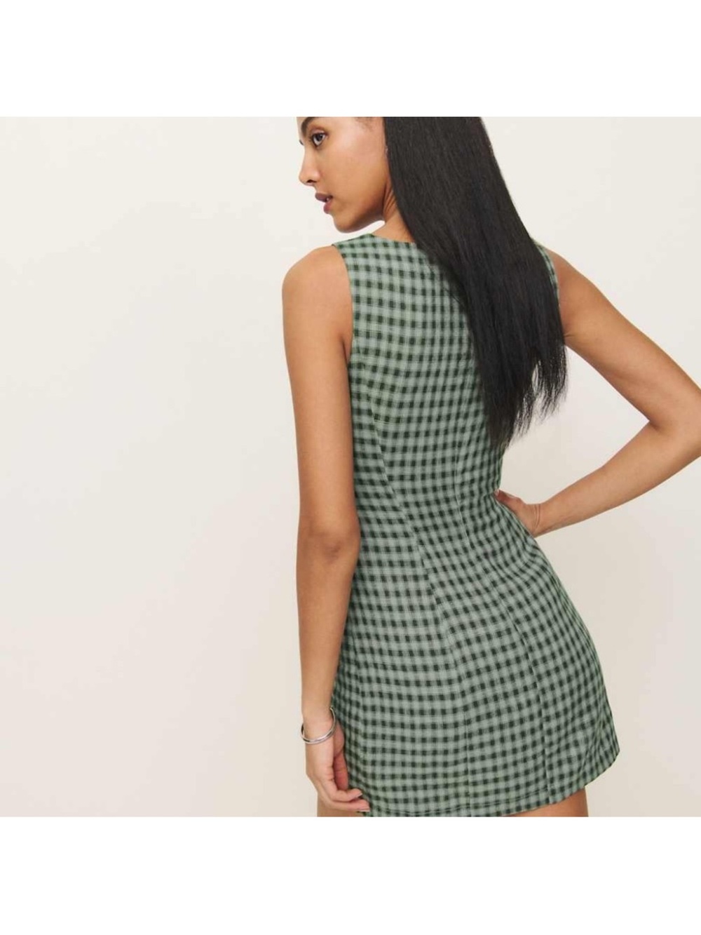 NWOT Reformation Green Gingham Button-Front Mini Dress - Picture 2 of 4